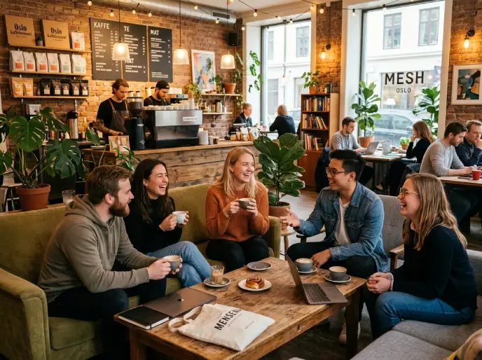 Mennesker som prater i en kafe-lignende fellessone i et co-working-hus i Oslo